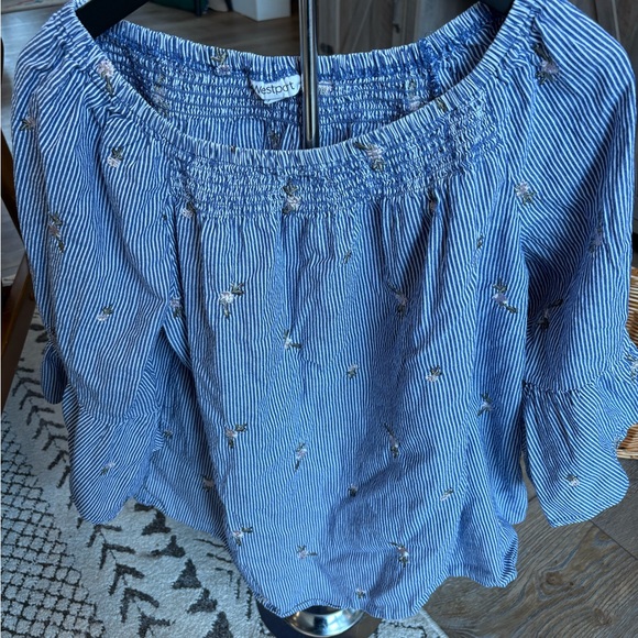 Westport Tops - Westport Blue Pinstripe Blouse with Floral Details